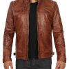 Mens Cognac Brown Cafe Racer Quilted Leather Jacket