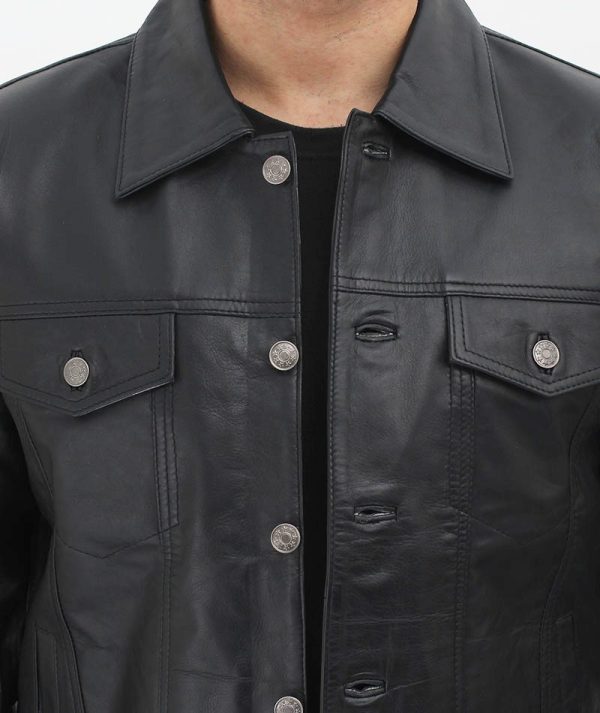 Fernando Black Washed Leather Trucker Jacket