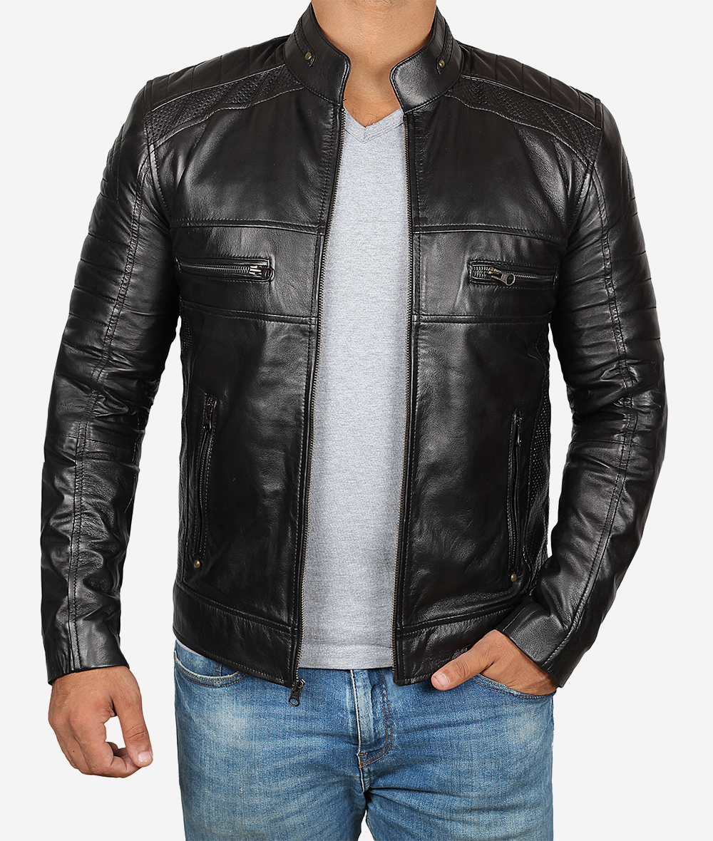 Austin Black Mandarin Collar Biker Style 90s Leather Jacket