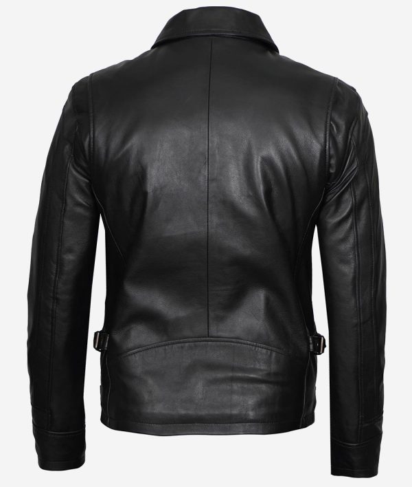 Mens Black Shirt Collar Biker Leather Jacket