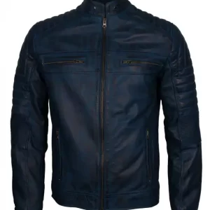 Blue Men’s Vintage Cafe Racer Genuine Leather Jacket