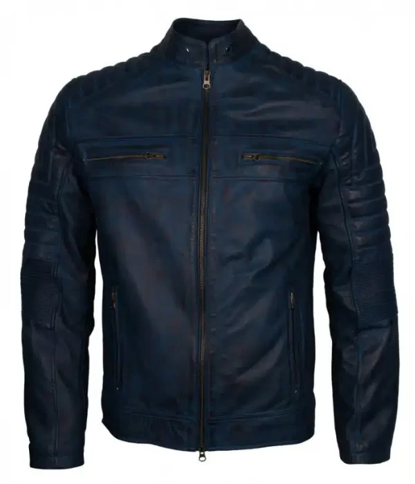 Blue Men’s Vintage Cafe Racer Genuine Leather Jacket