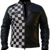 Checkerboard Style Black Leather Jacket
