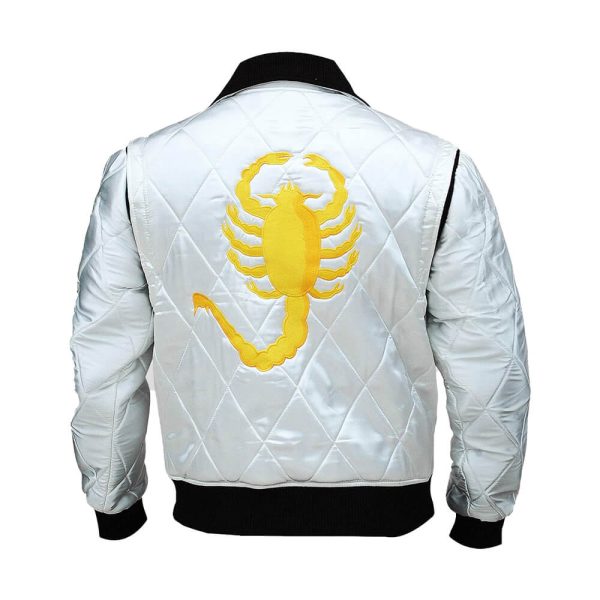 Drive Movie Scorpion White Satin Bomber Jacket