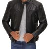 Premium Stylish Men's Black Cafe Racer Leather Jacket with Multi-Pockets
