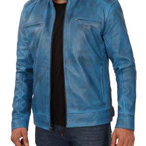 Dodge Cafe Racer Blue Leather Jacket Men