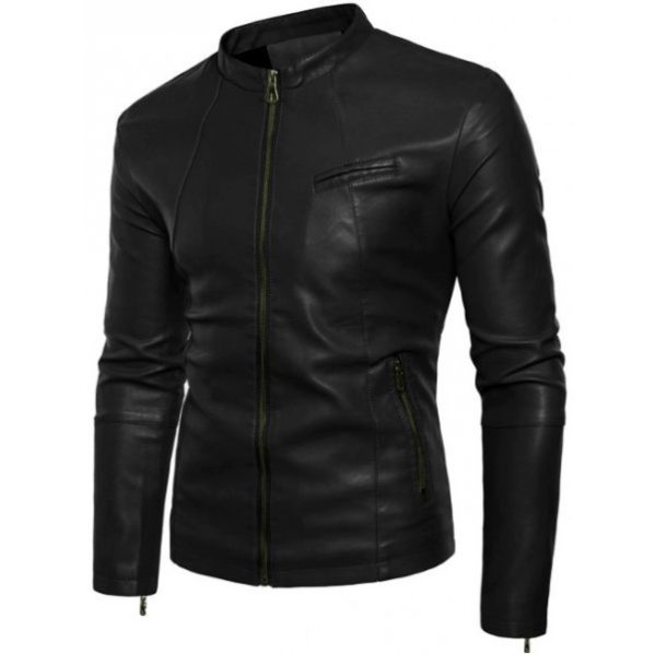 Slim Fit Black Leather Jacket with Small Collar