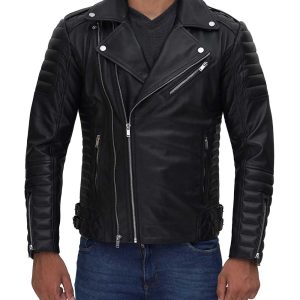 Men's Biker Style Asymmetrical Real Black Leather Jacket