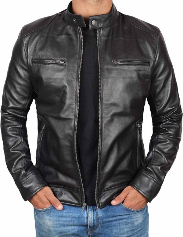 Mens Black Lambskin Biker Style Leather Jacket