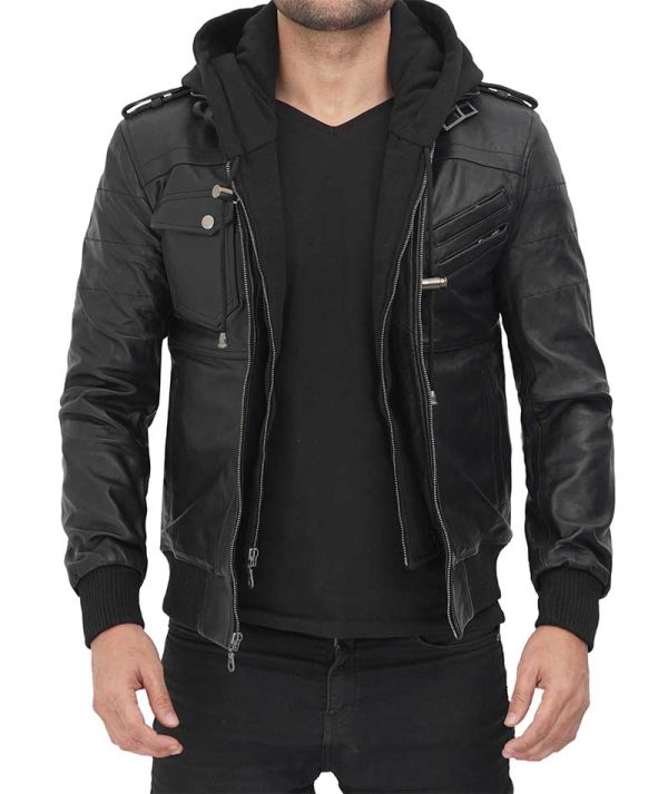 Mens Black Leather Jacket with Removable Hoodie - Multi Secure Pockets