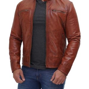 Men's Real Lambskin Leather Tan Cafe Racer Jacket