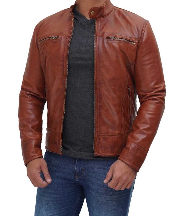 Men's Real Lambskin Leather Tan Cafe Racer Jacket