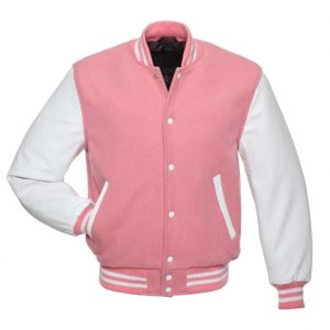 Pink Letterman Jacket with White Leather Sleeves