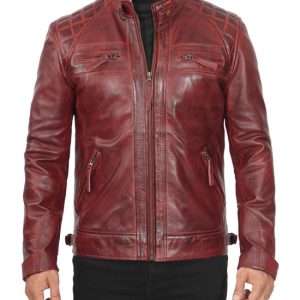 Mens Real Leather Maroon Quilted Biker Jacket