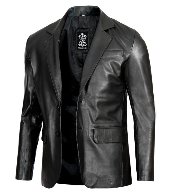 Tall Men's Two Buttons Black Real Leather Blazer Jacket