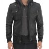 Mens Black Bomber Leather Jacket with Detachable Hoodie