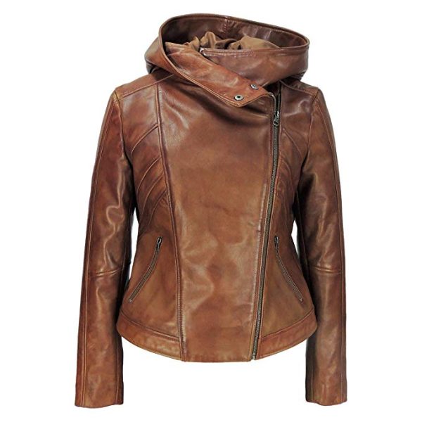 Women's Real Lambskin Leather Biker Hooded Jacket