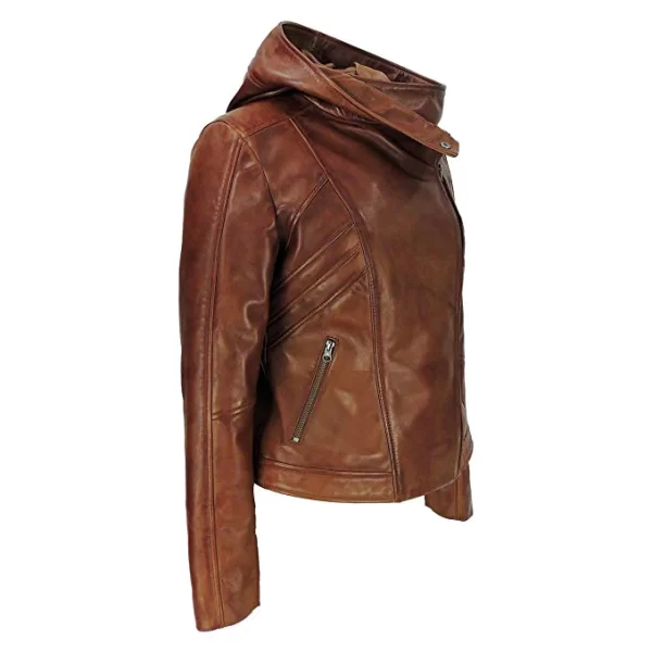 Women's Real Lambskin Leather Biker Hooded Jacket