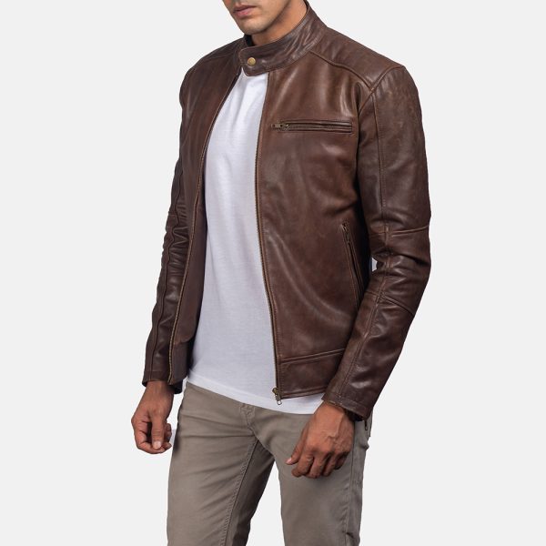 Outer Shell: Real Leather Leather Type: Cow hide Leather Finish: Pull-up Inner Shell: Quilted viscose lining Closure Style: Zipper Collar Style: Band with snap button Cuffs Style: Zipper Inside Pockets: Two Outside Pockets: Three Color: Brown