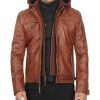 Johnson Mens Quilted Tan Leather Jacket with Detachable Hood