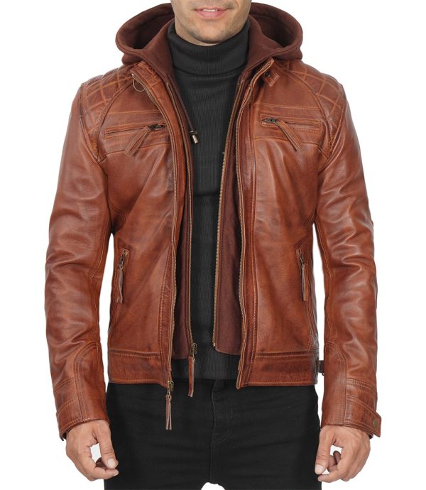 Johnson Mens Quilted Tan Leather Jacket with Detachable Hood