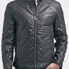 MENS DIAMOND QUILTED REAL SHEEPSKIN LEATHER JACKET BLACK