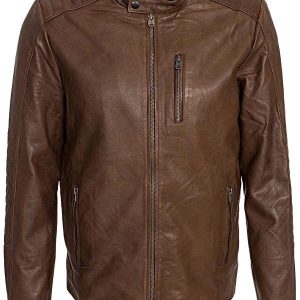 Mens Waxed Sheepskin Camel Brown Leather Jacket