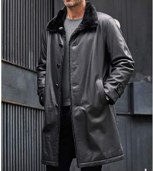 New Men's Cowhide Jacket Long Winter Coat