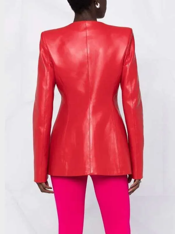 Women’s Red Collarless Leather Jacket