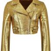 Shiny Gold Metallic Real Leather Motorcycle Jacket for Women