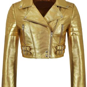 Shiny Gold Metallic Real Leather Motorcycle Jacket for Women