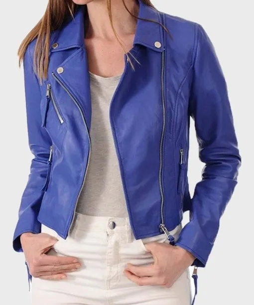 Womens Blue Classic Motorcycle Leather Jacket