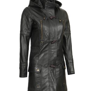 Lisa Womens Black Hooded Leather Coat