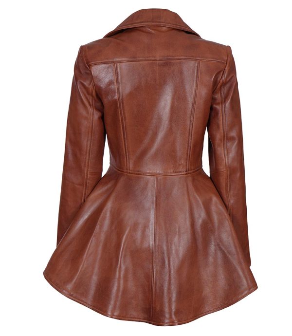Womens Cognac Brown Leather Peplum Jacket