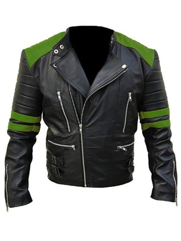 Men’s Black and Green Leather Jacket