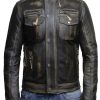 Men’s Zipper Button Closure Black Waxed Leather Jacket