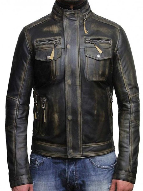 Men’s Zipper Button Closure Black Waxed Leather Jacket