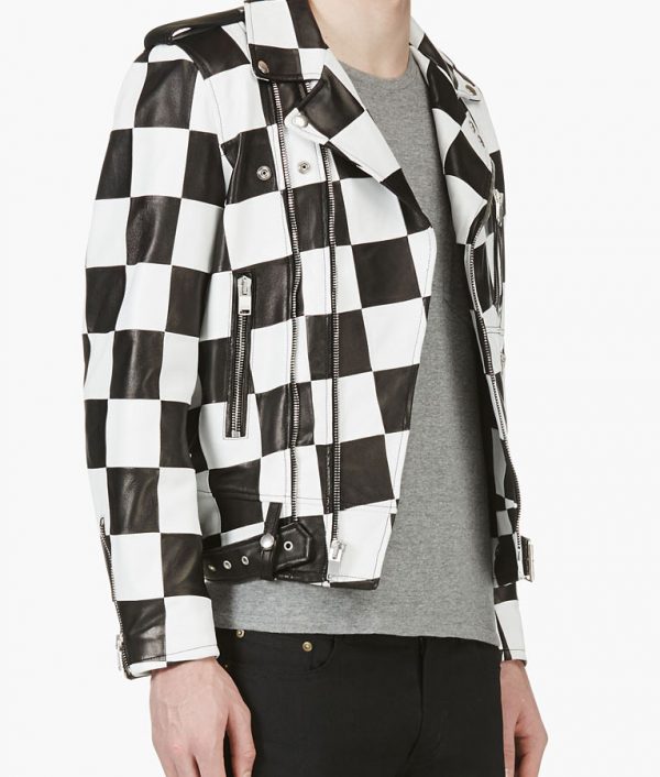 Material: Genuine Leather Color: Black and White Style: Biker Motorcycle Inner: Viscose lining Checkered Belted Hemline Collar: Lapel Style Cuffs: Zipper Sleeves: Full-length Closure: Zipper