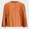 Women Tan Collarless Leather Jacket