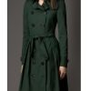 Womens Double Breasted Belted Cotton Green Coat