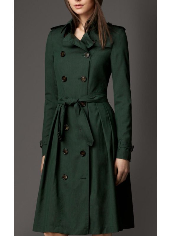 Womens Double Breasted Belted Cotton Green Coat