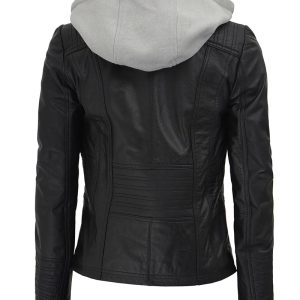 Womens Black Racer Leather Jacket Removable Hood