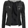 Womens Black Cafe Racer Leather Jacket - Removable Hood