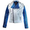 Mens Silver Studded White Blue Biker Jacket All Star Jacket