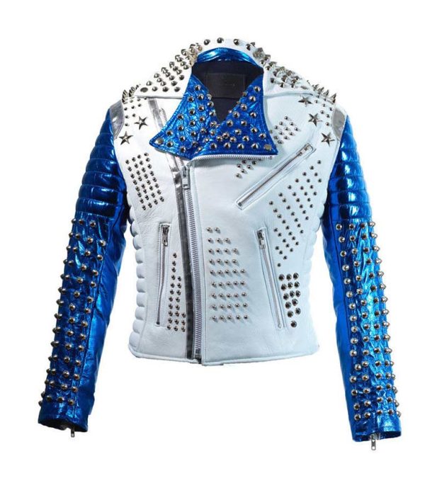 Mens Silver Studded White Blue Biker Jacket All Star Jacket