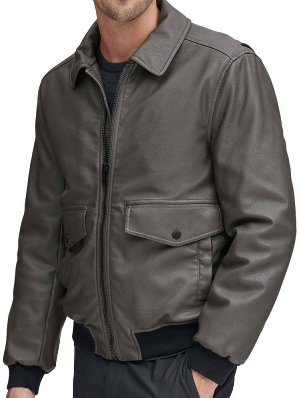 Men’s Shirt Collar Bomber Grey Leather Jacket