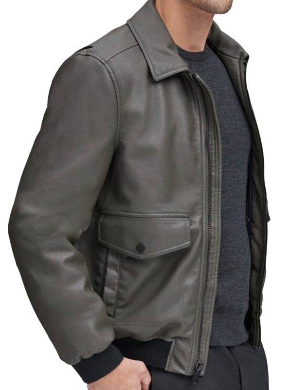 Men’s Shirt Collar Bomber Grey Leather Jacket