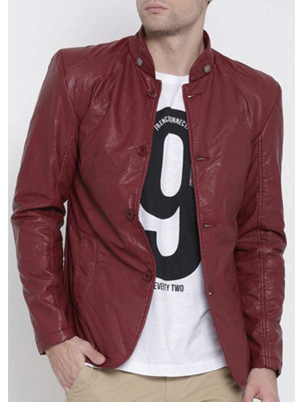 Mens Stand Up Collar Maroon Faux Leather Blazer