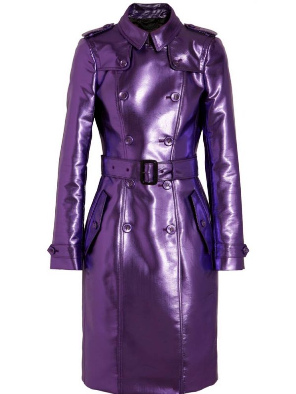 Womens Double Breasted Metallic Purple Leather Coat