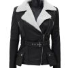 Verona Black Leather Jacket with Asymmetrical White Sherpa